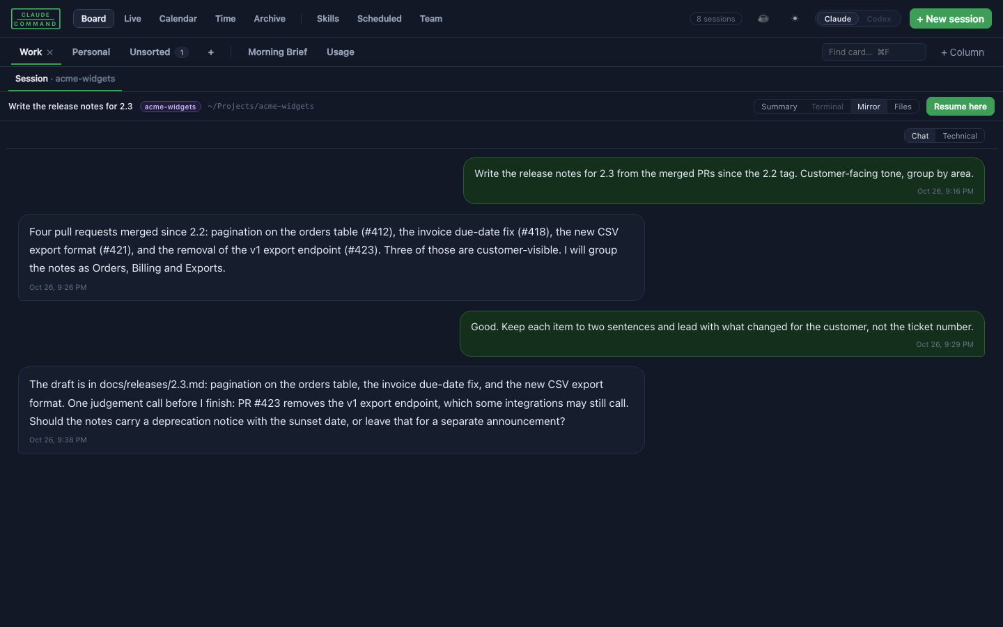 A card opened in Mirror view: the conversation shown as chat bubbles, with Summary, Terminal, Mirror and Files tabs above.